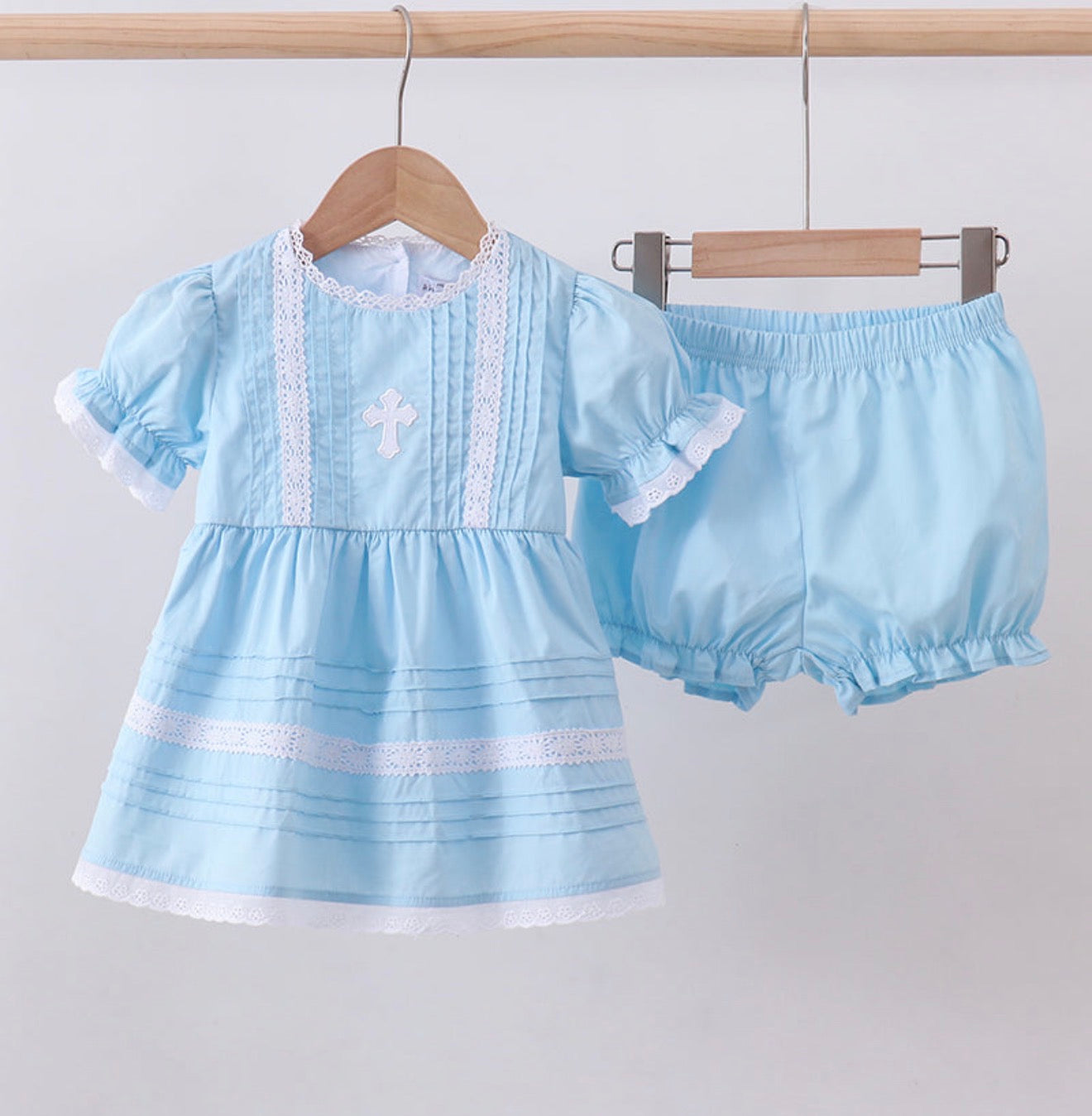 Girl Blue Embroidery Cross Bloomer Set