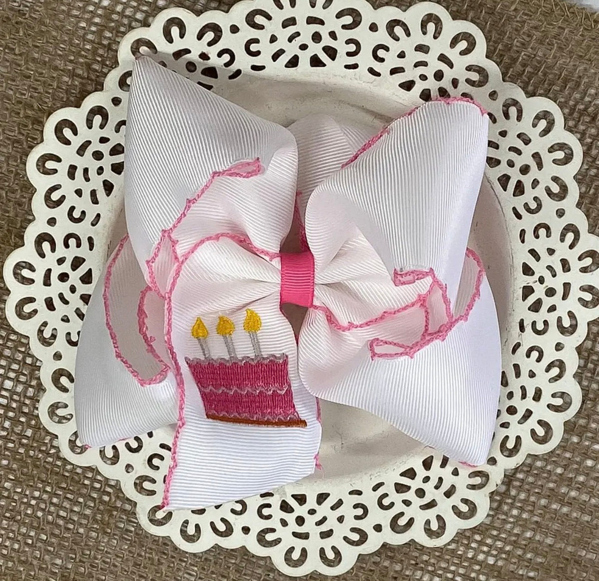 White and Pink Moonstitch Birthday Cake Bow Alligator Clip 5in