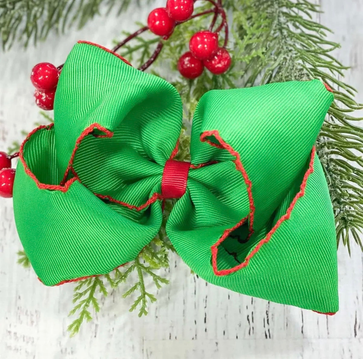 Green and Red Moonstitch Bow Alligator Clip 5in