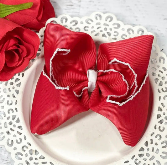 Red and White Moonstitch Bow Alligator Clip 5in