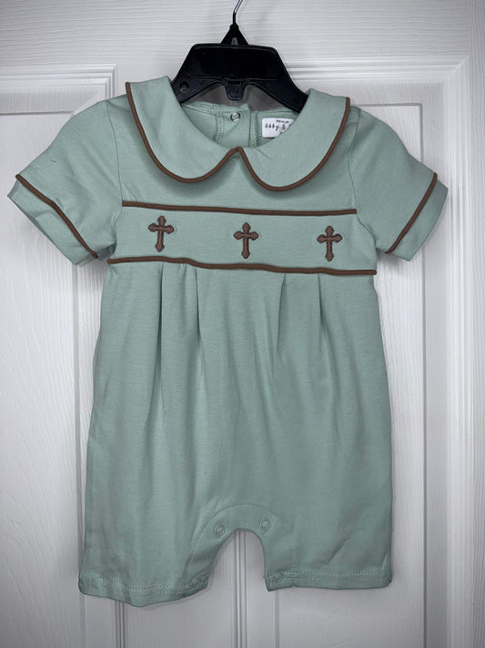 Boy Sage Embroidery Cross Romper