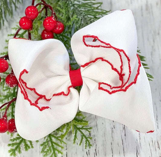 White and Red Moonstitch Bow Alligator Clip 5in
